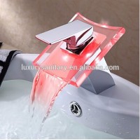 3 color change by water temperature brass glass chrome waterfall wash basin shining lighting faucet mixer tap Bacia torneiras