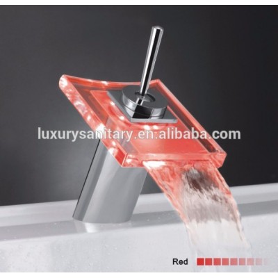 3 color change by water temperature brass glass chrome waterfall wash basin shining lighting faucet mixer tap Bacia torneira