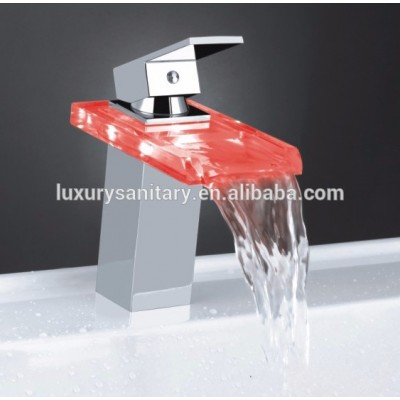 3 color change by water temperature brass glass chrome waterfall wash basin shining lighting faucet mixer tap Bacia torneira