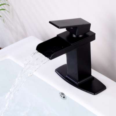 Amazon hot sellerLuxury copper material black color bathroom waterfall basin faucet with deck plate